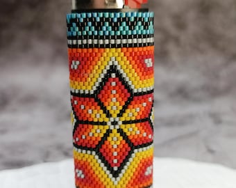 Geometric Beaded Lighter Cover Colorful Seed Bead Design Folk Inspired Handmade Case