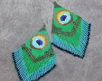 Peacock Feather Earrings, Oversized Fringe Jewelry, Green Blue Beaded Statement, Festival Boho Dangles