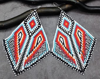 Bold Fringe Beaded Earrings, Oversized Festival Dangles, Black White Stripe Boho Statement Jewelry