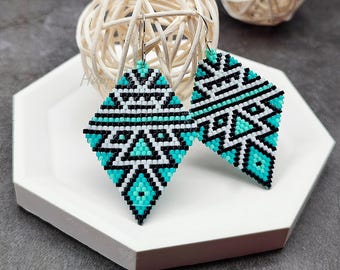 Turquoise Tribal Geometric Earrings, Dangle Beaded Jewelry, Boho Statement Accessory