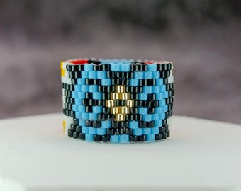 Blue Geometric Ring Wide Seed Bead Ring Southwestern Boho Band Ring