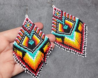 Fringe Beaded Earrings XL | Geometric Festival Jewelry | Colorful Boho Statement Dangles | Bold Big Earrings
