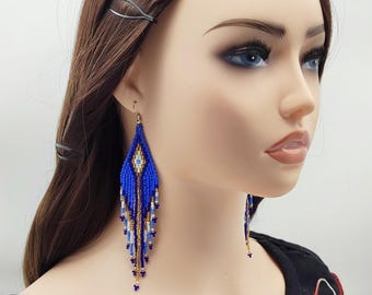 Long Cornflower Blue Beaded Fringe Earrings: Handmade Boho Jewelry