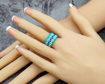 Mint Turquoise Delica Seed Bead Ring: Boho Woven Accessory