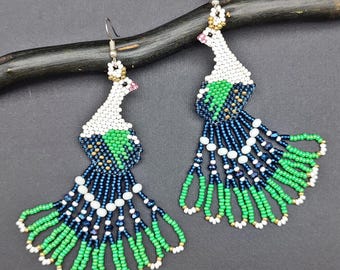 Peacock Earrings, Handmade Boho Jewelry, Beaded Bird Dangles, Elegant Statement Accessory