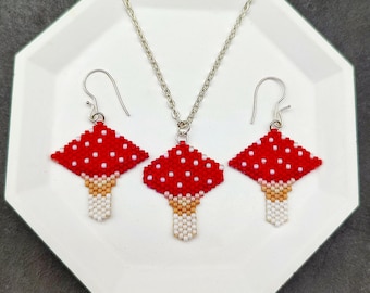Beaded Mushroom Earrings and Pendant, Fly Agaric Jewelry, Handmade Whimsical Gift