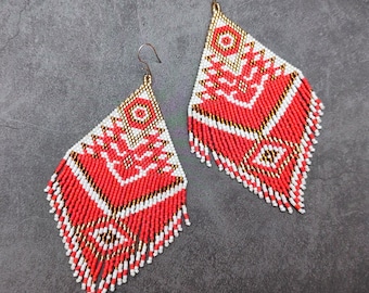 Vermilion Fringe Earrings, Oversized Beaded Statement Jewelry, Bold Geometric Dangles, Boho Festival Style