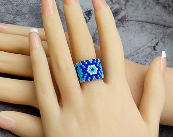Evil Eye Protection Beaded Ring - Handmade Jewelry - Wide Boho Accessory - Blue White Silver Band