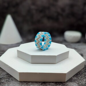 Sky Blue Beaded Ring: Handmade Delica Seed Bead Jewelry