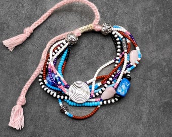 Boho Beaded Bracelet: Pink Heart, Clay Charms, Adjustable Macrame
