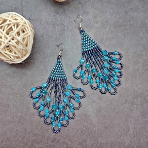 Pfauen-inspirierte Perlen Ohrringe, Boho Schmuck, Elegante Boho Fransen Ohrringe