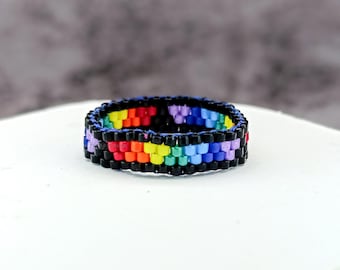 Rainbow Beaded Ring Modern Minimalist Delicate Colorful Seed Bead Band Everyday Fashion Ring