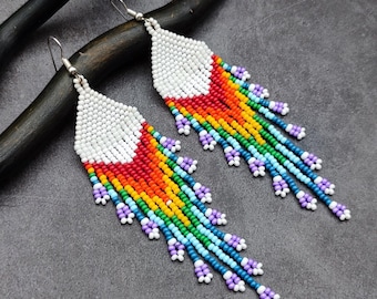 Handmade Rainbow Fringe Earrings: White Beaded Cap, Boho Pride Dangles