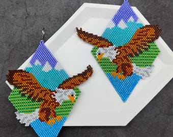 Bald Eagle Earrings, Beaded Jewelry with Mountain Landscape, Oversized Statement Dangles