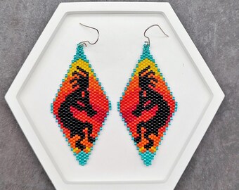 Kokopelli Earrings, Southwestern Legend Beaded Dangles, Bold Native-Inspired Jewelry