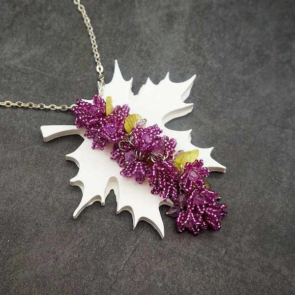 Lily of the Valley Beaded Cluster Necklace in Mulberry with Acrylic Leaves