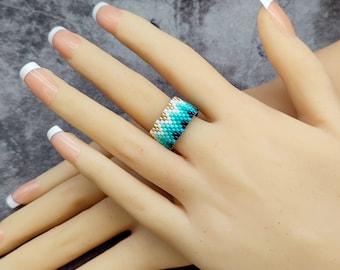 Seafoam Dreams Beaded Ring - Aqua Wave Gradient Jewelry - Boho Ocean Charm Accessory