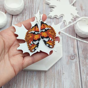 Bright Orange Butterfly Wing Earrings, Bold Beaded Jewelry, Black and White Accent