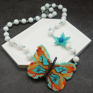 Beaded Butterfly Necklace: White Agate, Turquoise Glass, Japanese Seed Beads