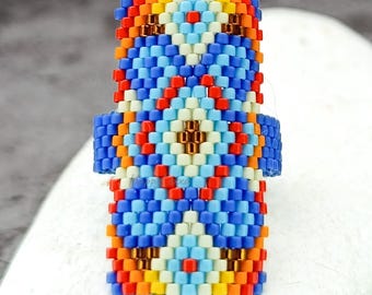Colorful Saddle Ring Geometric Seed Bead Ring Wide Boho Statement Jewelry