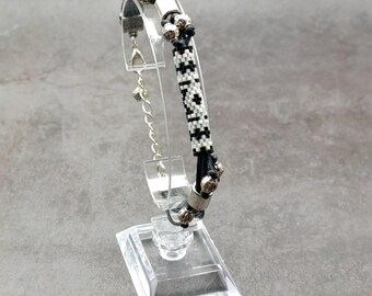 Black and White Beaded Boho Bracelet: Adjustable Cord Cuff