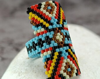 Blue Beaded Saddle Ring Geometric Wide Statement Seed Bead Ring Boho Style