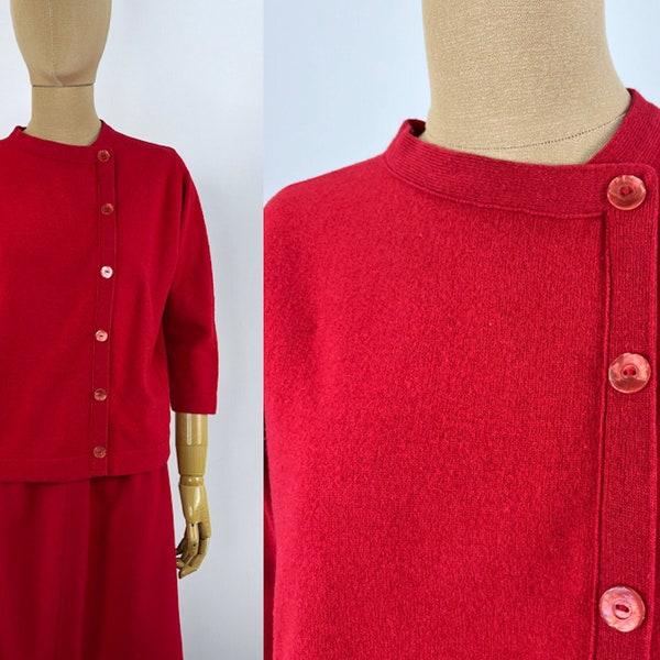 Vintage 1960s Red Wool Asymmetrical Pullover Sweater with Faux Buttons, Size 40