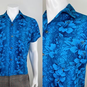 Vintage 1960s Men&#39;s Royal Blue Hawaiian HIbiscus Shirt with Gold Accents.  Made in Hawaii