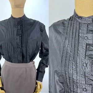 Vintage Mid-19th Century Black Bodice with Pintucks, Pleated Ruffle & Covered Buttons, Handmade. With Detached Collar. Great Vintage Size