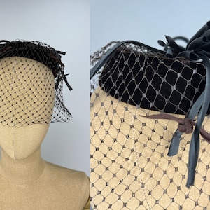 Vintage 1950s Brown Velvet Circle Fascinator with Brown Veil, Black Dangles at the Top and Brown Velvet Bow at the Back
