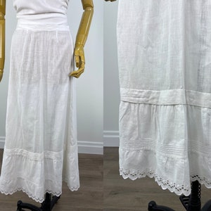 Vintage Early 20th Century Petticoat with Eyelet Lace Hem, Pintucks and a Generous Tuck.  Flat Front and Gathered Back