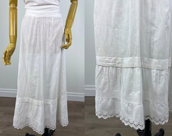 Vintage Early 20th Century Petticoat with Eyelet Lace Hem, Pintucks and a Generous Tuck.  Flat Front and Gathered Back