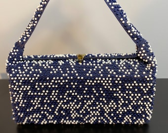Vintage 1950s Rectangular Frame Navy Blue Handbag with Blue and White 3D Dots.  1950s Handbag.