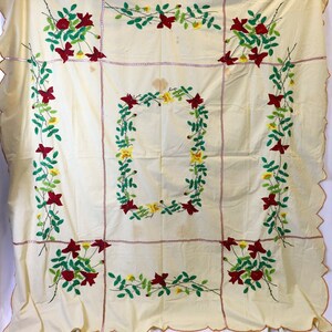 Vintage Large Vanilla Colored Tablecloth with Stunning Bold Embroidery and Lattice Detail. Beautiful Edging and Details.