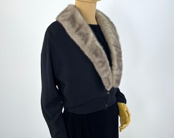 Vintage 1950s Black Cashmere Cardigan with Fur Collar by Hadley Cashmere