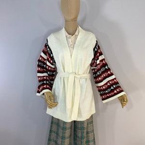 Vintage 1970s Ivory Tie Cardigan with Burgundy, Black and Ivory Striped Bell Sleeves.  Vintage Donnkenny Sweater Size Medium