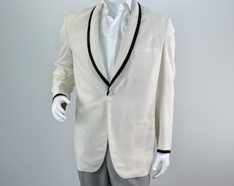 Vintage 1980s Ivory Wool Dinner Jacket with Shawl Collar Edged with Black Binding by Brooks Brothers