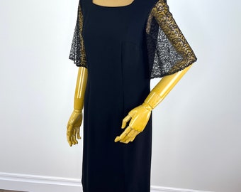 Vintage 1960s Black Shift Crepe Cocktail Dress with Lace Sleeves, Handmade