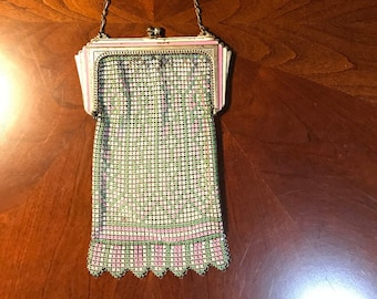 Vintage 1920s Whiting & Davis Art Deco Enameled Metal Mesh Handbag. Eggshell, Pink, Green Enamel Metal Mesh Evening Bag. Updated photos soon