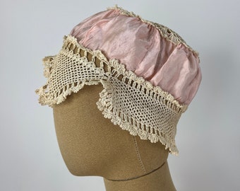Vintage Early 20th Century Bed Cap of Pink Silk and Beige Crochet Lace  Vintage Night Cap Handmade  Vintage Sleep Cap