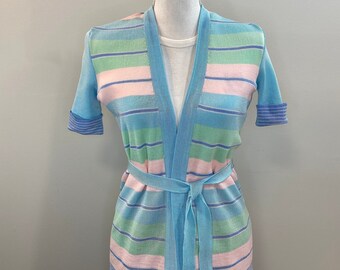 Vintage Pastel Stripe Short Sleeve Cardigan With a Waist Tie.  Size Medium. Updated photos coming soon.