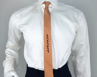 Vintage 1960s Peach Skinny Tie with Rust and White Spiral and Straight Hem