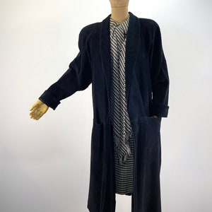 Vintage 1980s Black Suede Long Coat with Shawl Collar, Rounded Shoulder Pads and Patch Pockets.  1980s Black Suede Duster