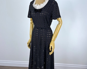 Vintage 1930s Black Cotton Eyelet Dress with Velvet Bow and White Neck Ruffle, Handmade