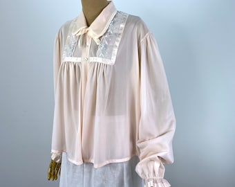 Vintage 1950s Pale Peachy Pink Nylon Bed Jacket with Collar, Pastel Lace and Satin Bow