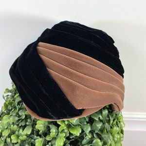 Vintage 1940s Black and Tan Velvet Structured Turban.  Evelyn Varon Exclusive, Union Made