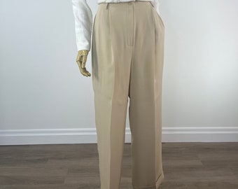 Vintage 1990s Sand Colored Silk Pleated Trousers By Jones New York, Size 12