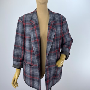 Vintage 1980's Grey and Red Plaid Pendleton Blazer, 100% Pure Virgin Wool, Made in the U.S.A.