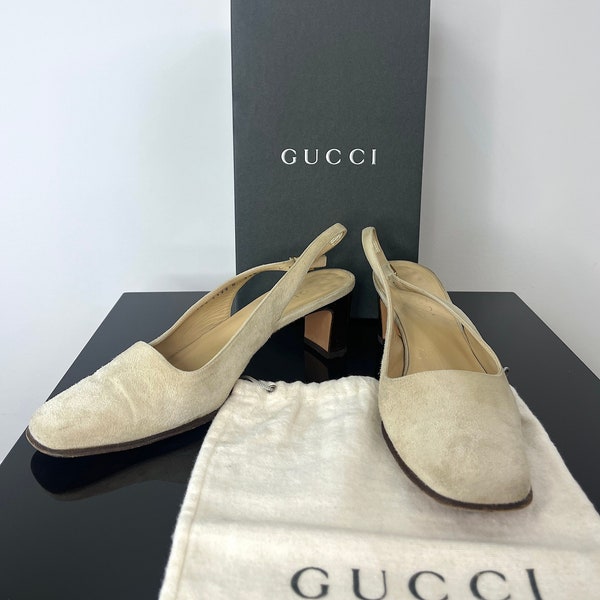 Vintage 1990s Gucci Slingback in Beige Suede, Block Heel, Size US 7 1/2B With Original Gucci Box and Dust Bag
