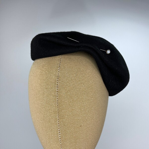 Vintage 1940s Black Wool Adamstown Hat with Pearl Hatpin, Made in U.S.A.